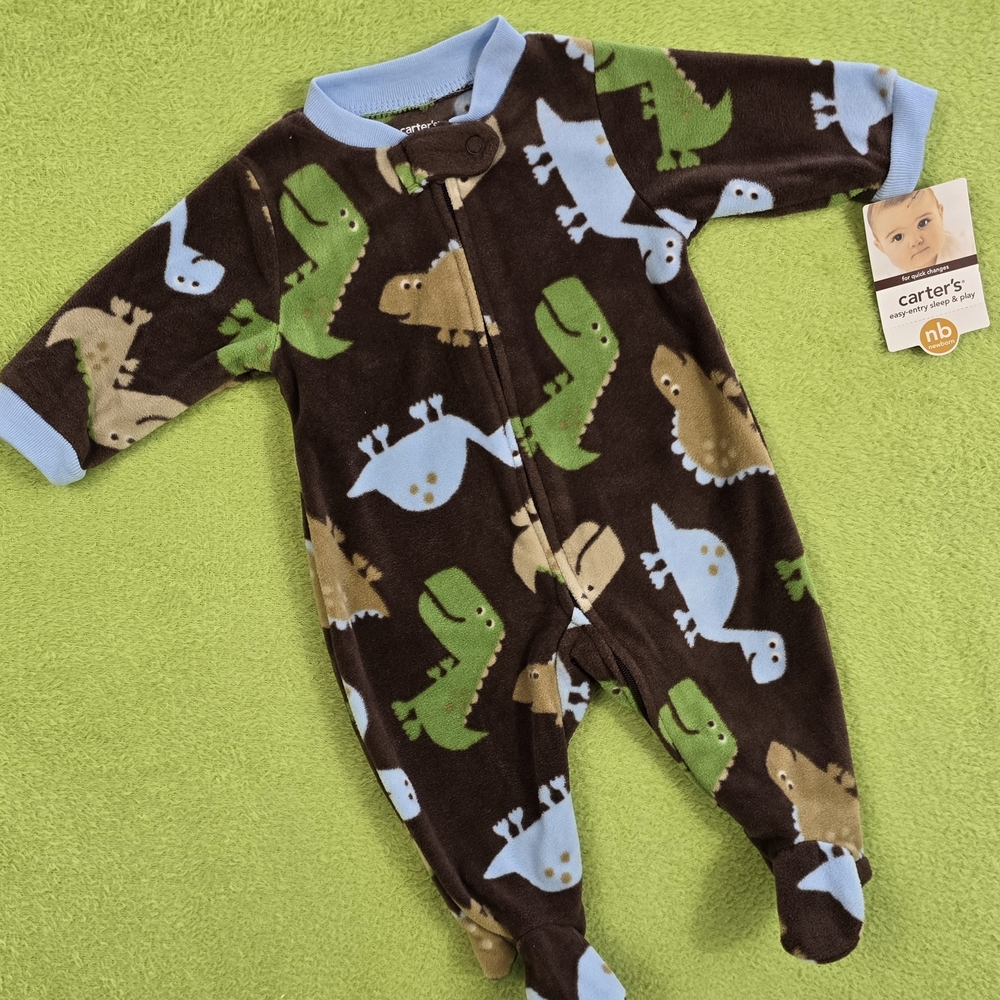 NWT  0-3M Baby BOYS FOOTIE Dinosaur Print FLEECE Brown Green Tan + Blue (Q3)